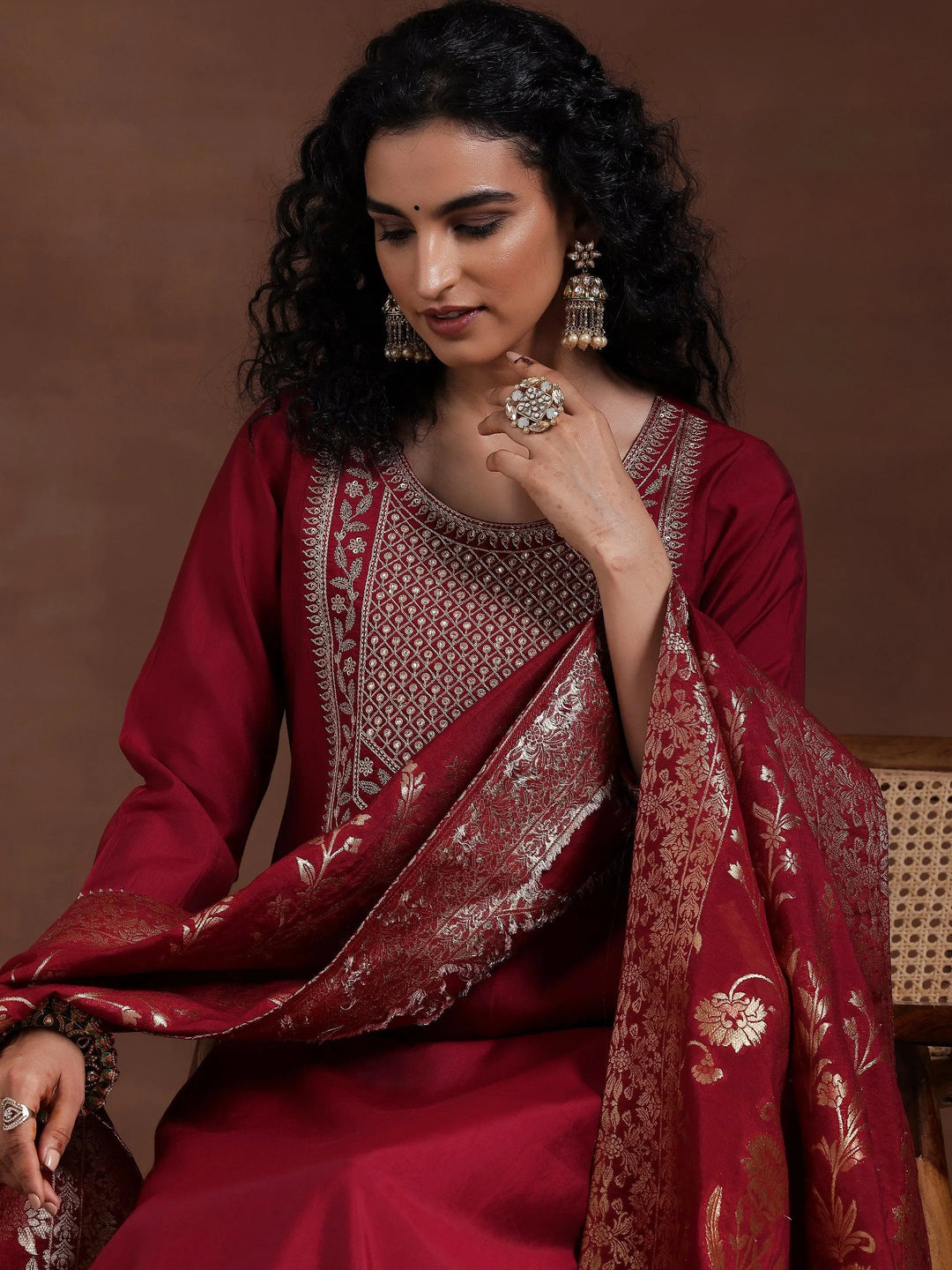 Maroon Yoke Design Silk Blend Straight Suit With Dupatta - Libas 