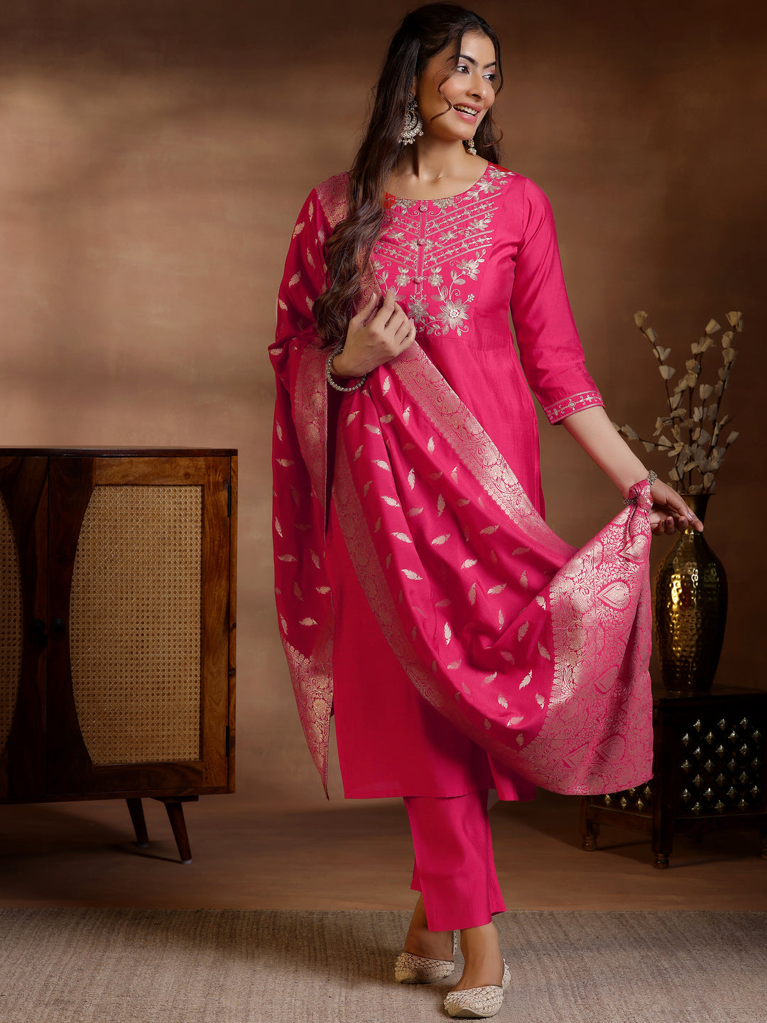 Pink Yoke Design Silk Blend Straight Suit Set With Dupatta
