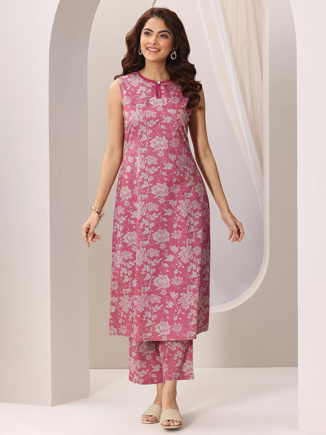  Pink Printed Pure Cotton A-Line Kurta With Trousers 