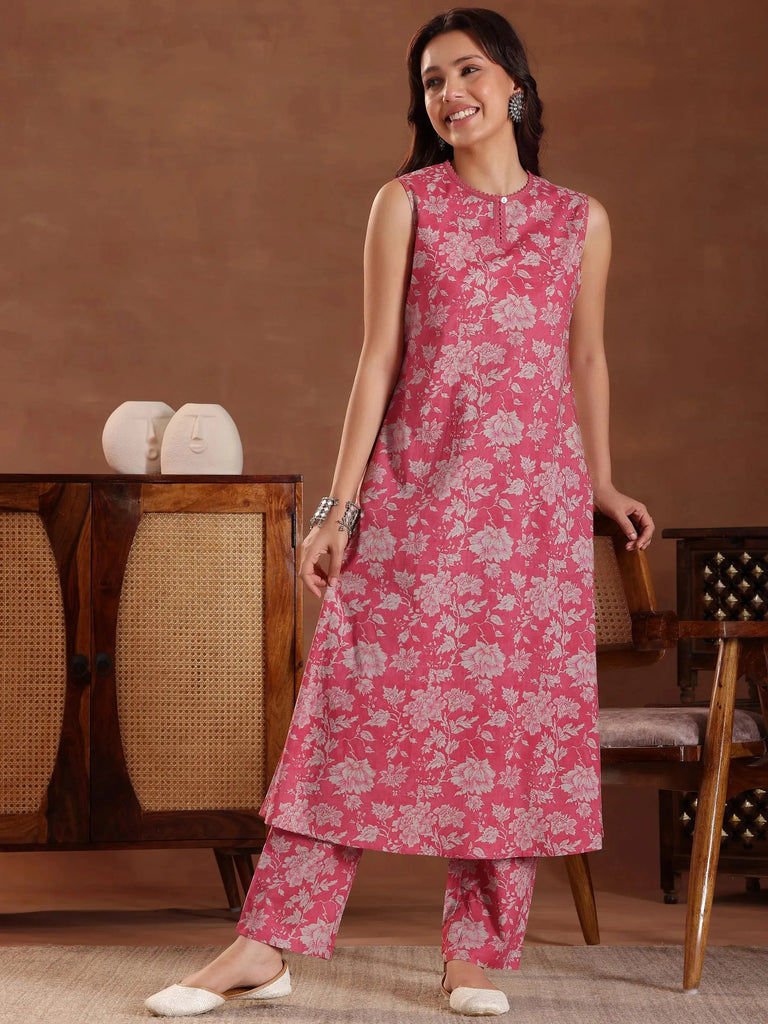 Libas Pink Printed Pure Cotton A-Line Kurta With Trousers