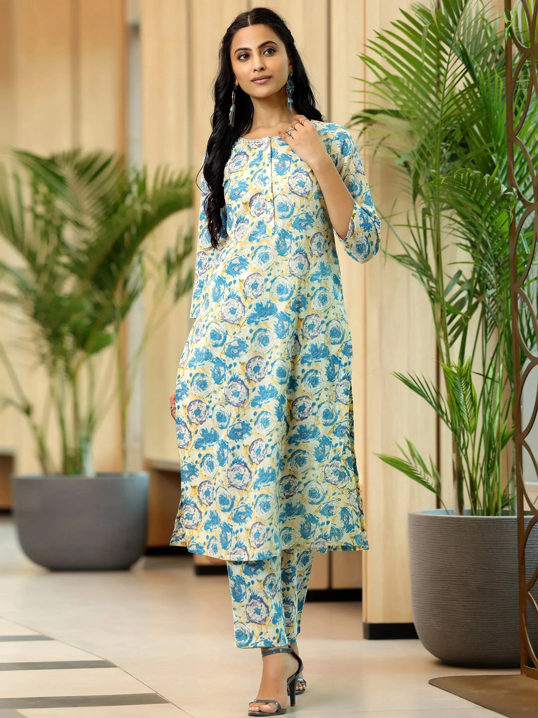  Beige Printed Cotton Straight Kurta Set 