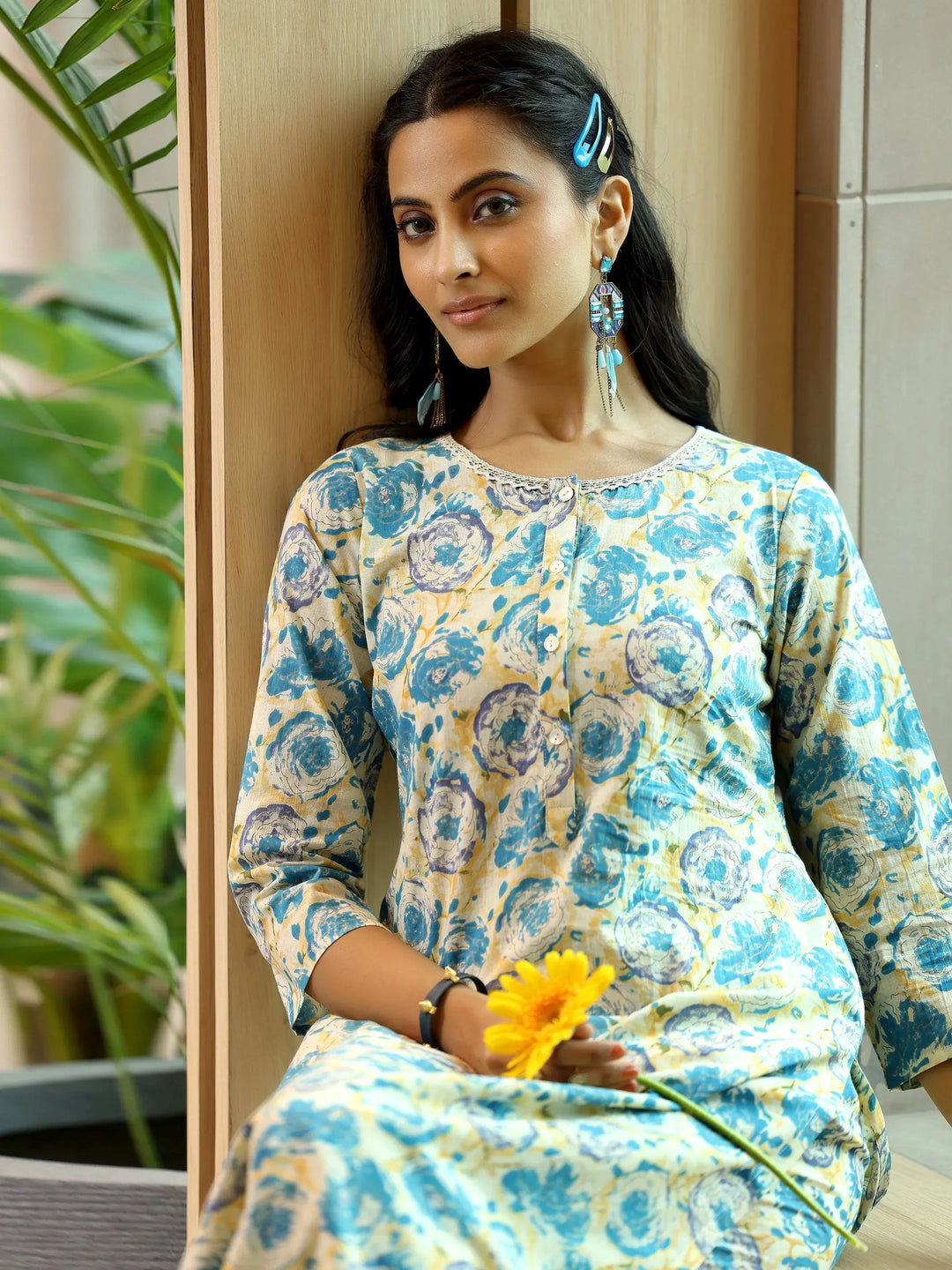  Beige Printed Cotton Straight Kurta Set 