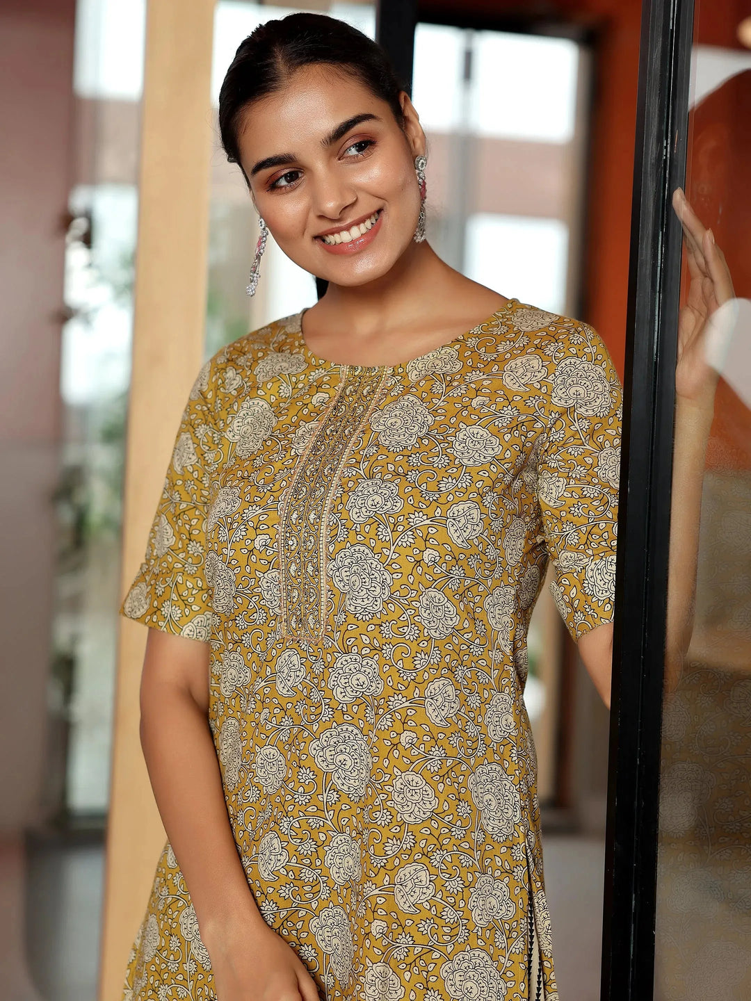  Mustard Printed Cotton Straight Kurta Set 