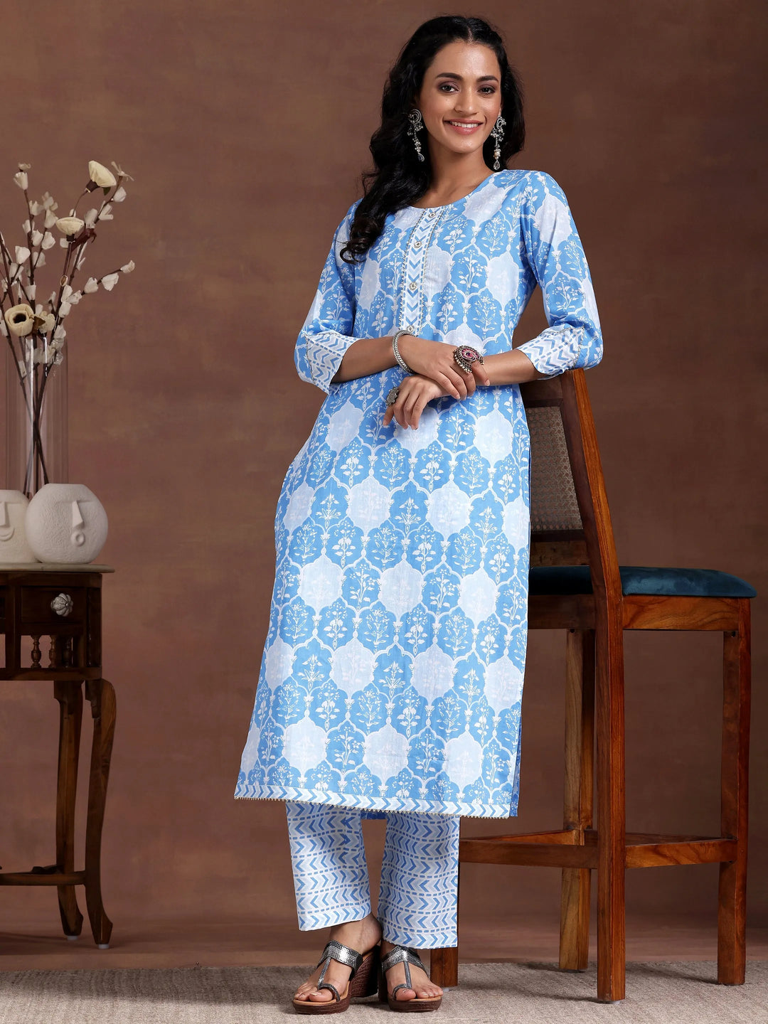  Blue Printed Cotton Straight Kurta Set 