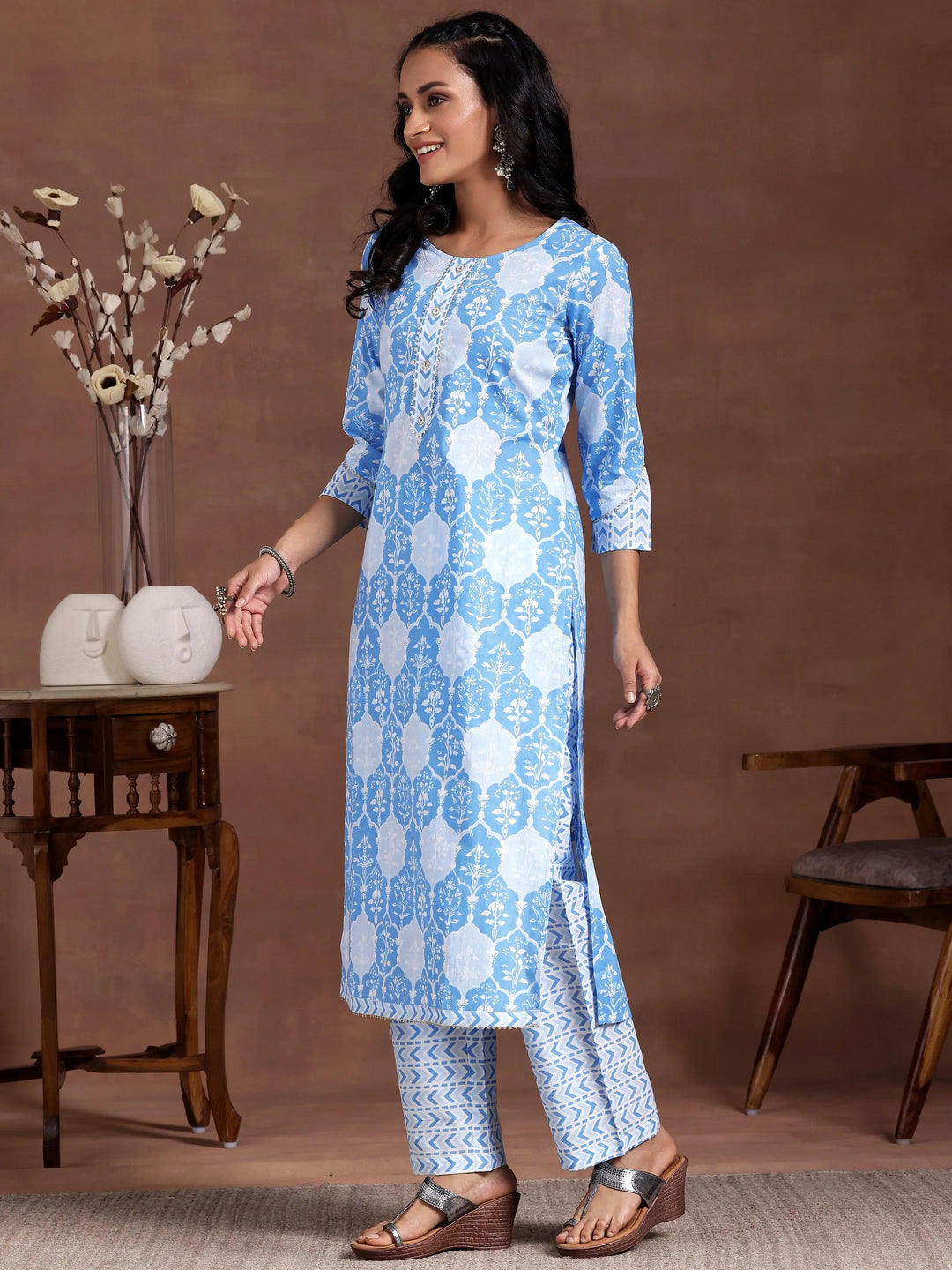  Blue Printed Cotton Straight Kurta Set 