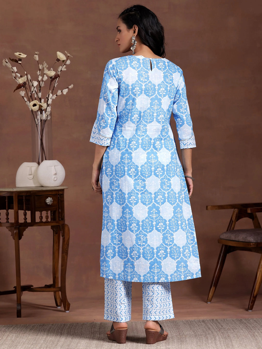  Blue Printed Cotton Straight Kurta Set 
