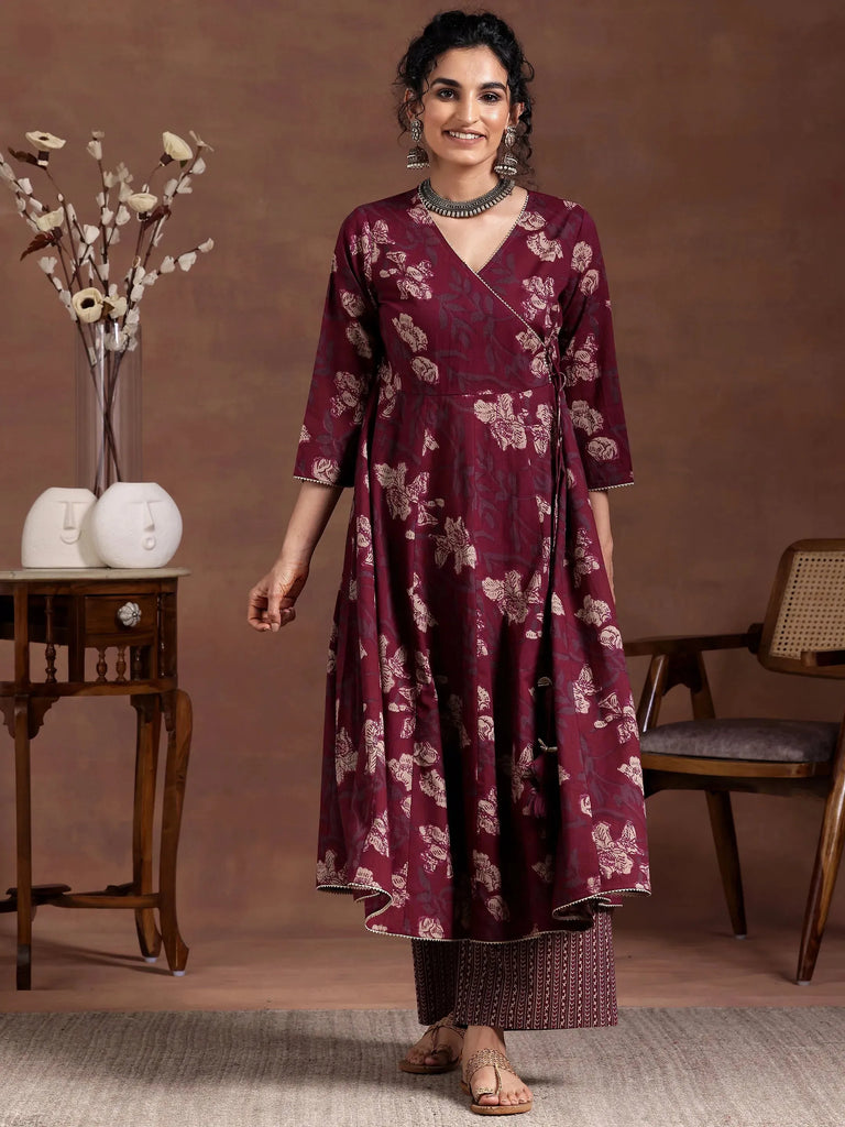 Libas Maroon Printed Cotton A-Line Kurta With Trousers