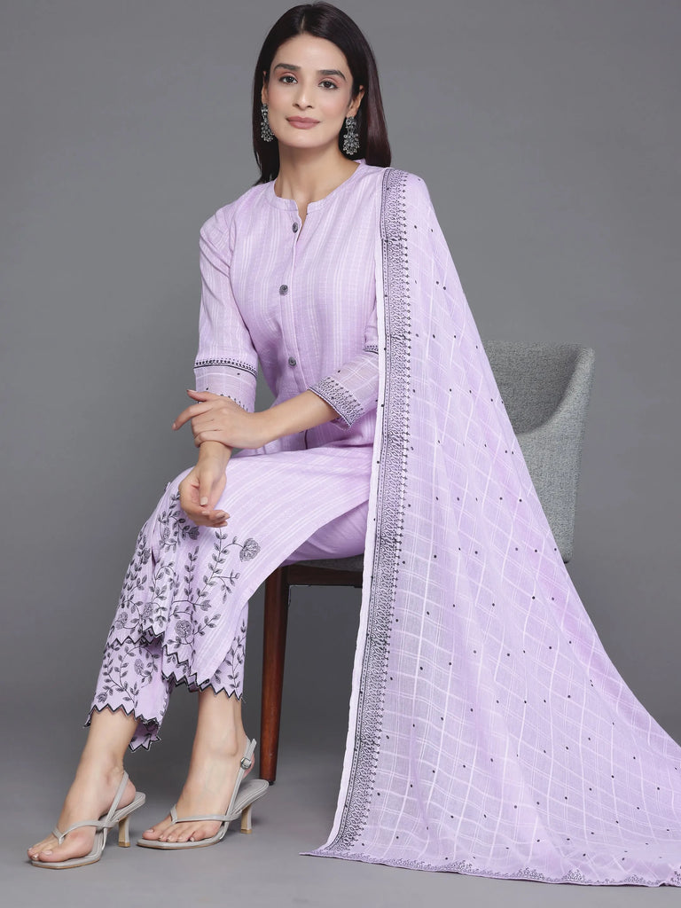 Libas Lavender Woven Design Cotton Straight Suit With Dupatta