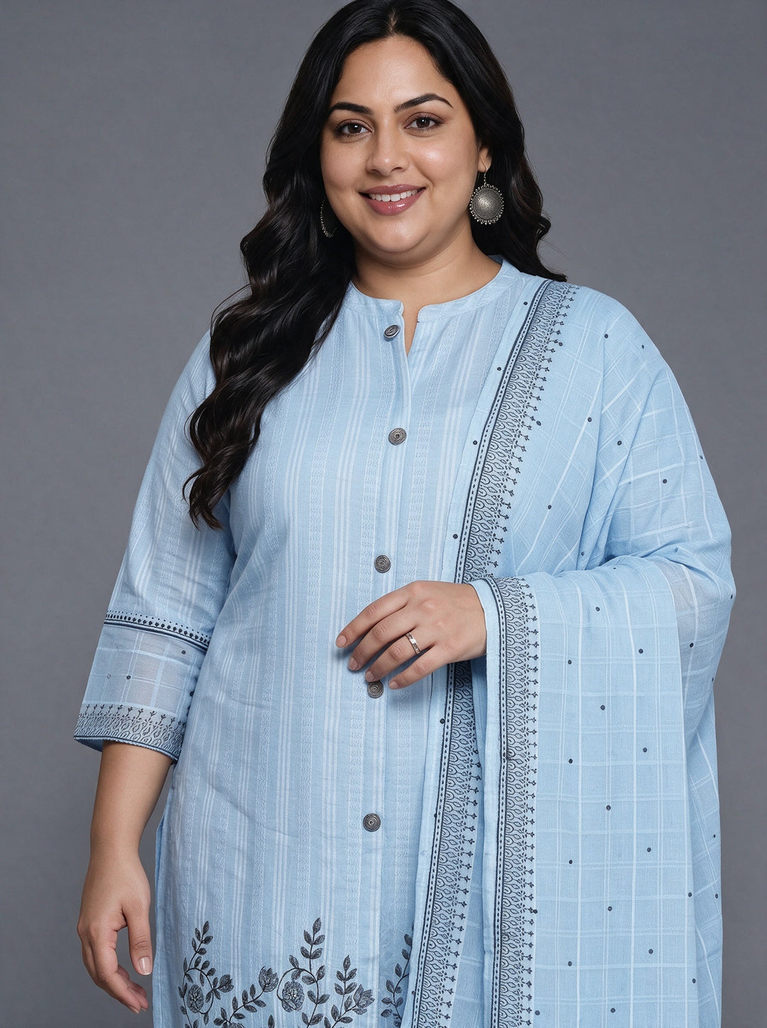  Plus Size Blue Woven Design Cotton Straight Suit With Dupatta 