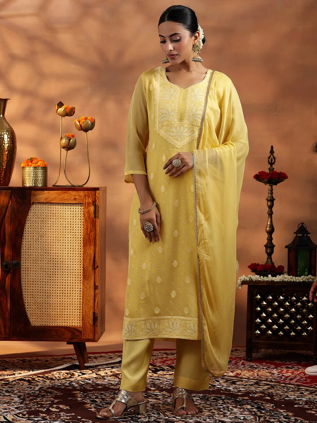  Yellow Embroidered Organza Straight Suit With Dupatta 