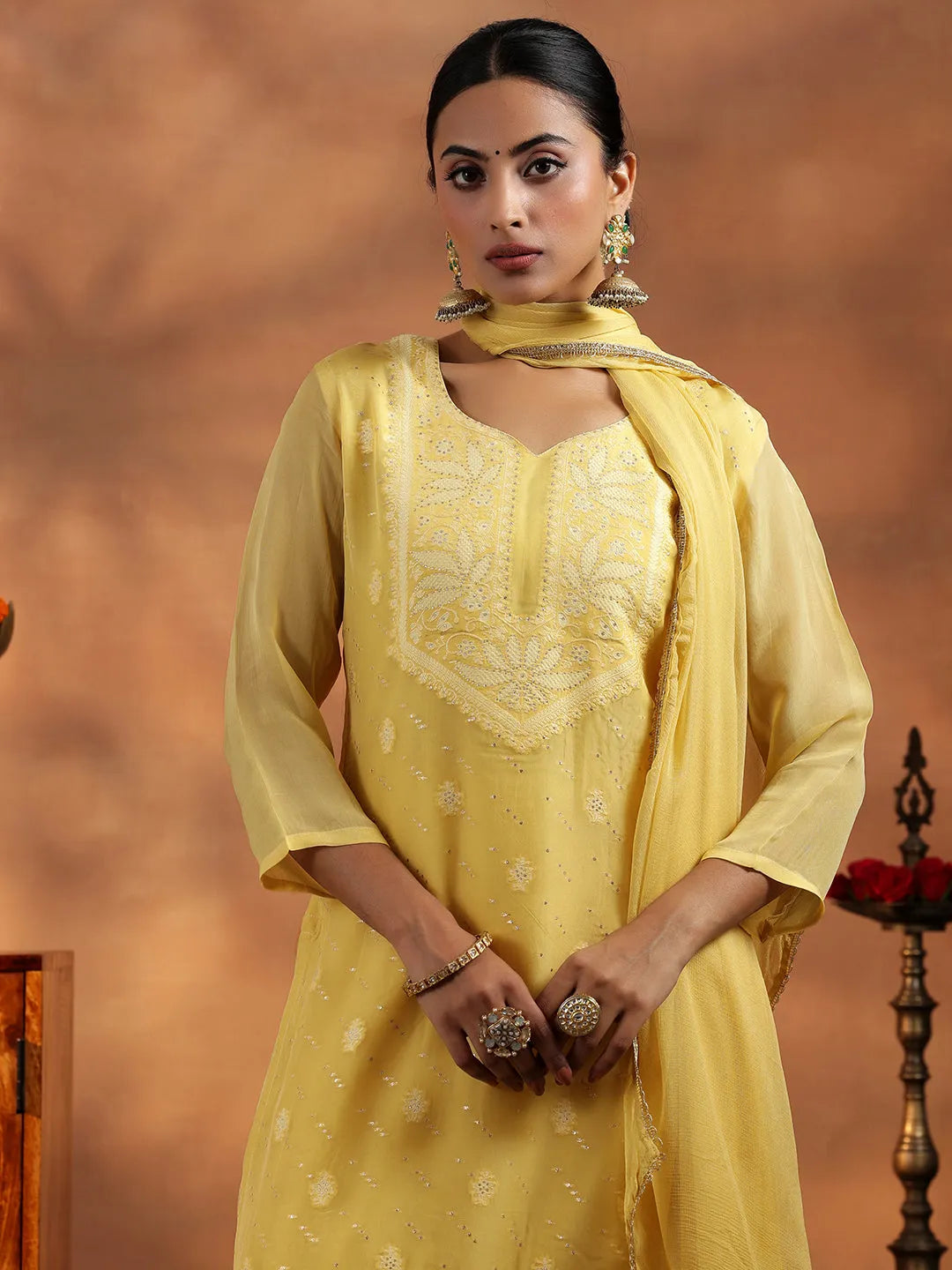  Yellow Embroidered Organza Straight Suit With Dupatta 