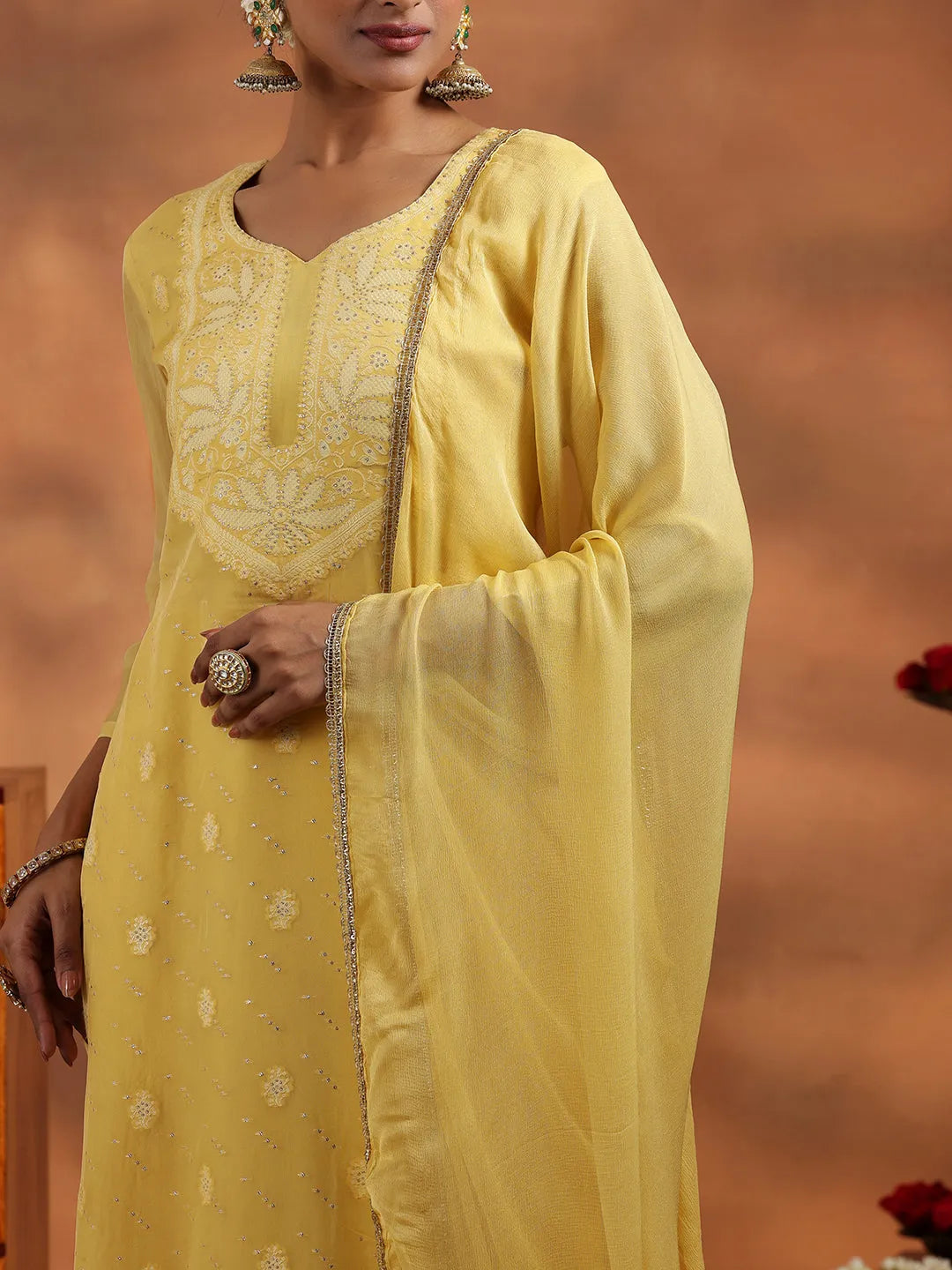  Yellow Embroidered Organza Straight Suit With Dupatta 
