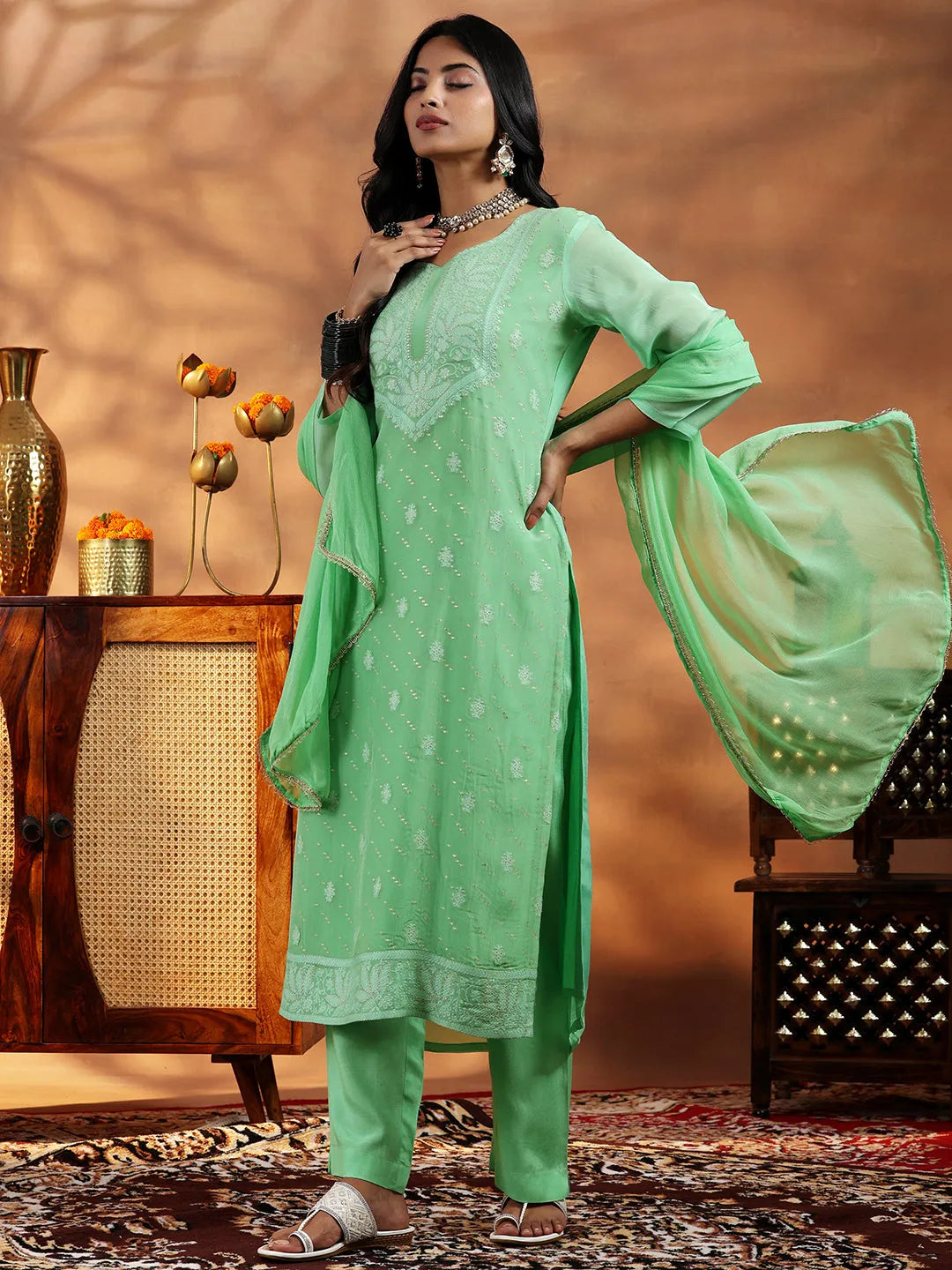 Green Embroidered Organza Straight Suit With Dupatta-image-3