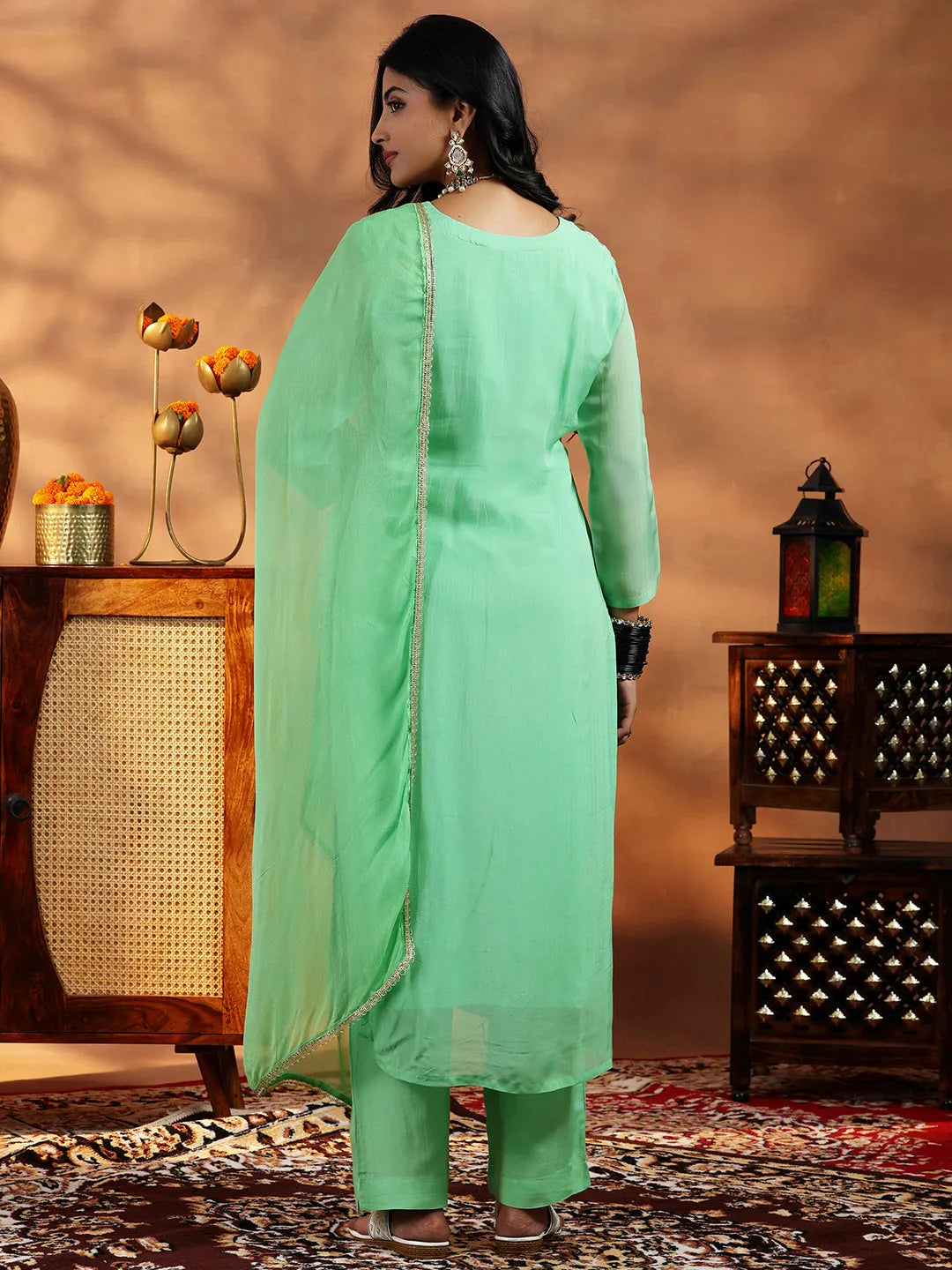  Green Embroidered Organza Straight Suit With Dupatta 