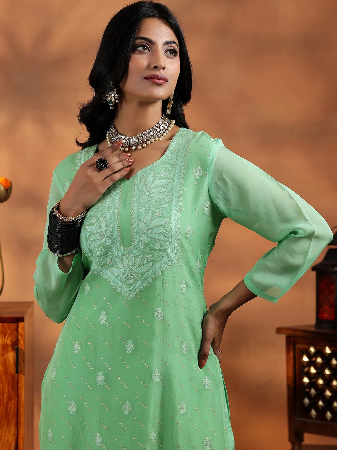  Green Embroidered Organza Straight Suit With Dupatta 