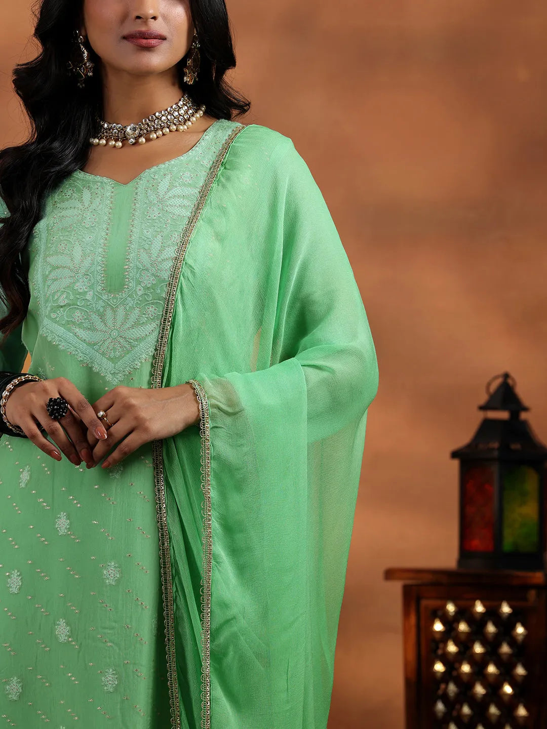  Green Embroidered Organza Straight Suit With Dupatta 