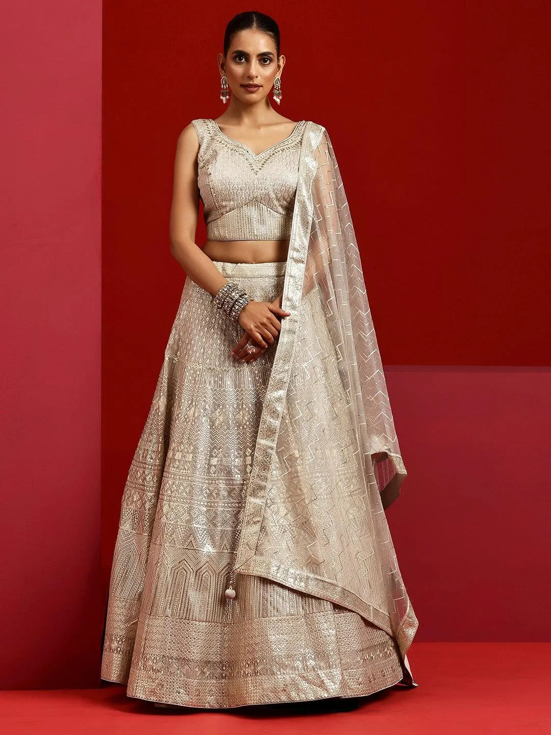 Libas Art Grey Embellished Silk Blend Lehenga Set - Libas 