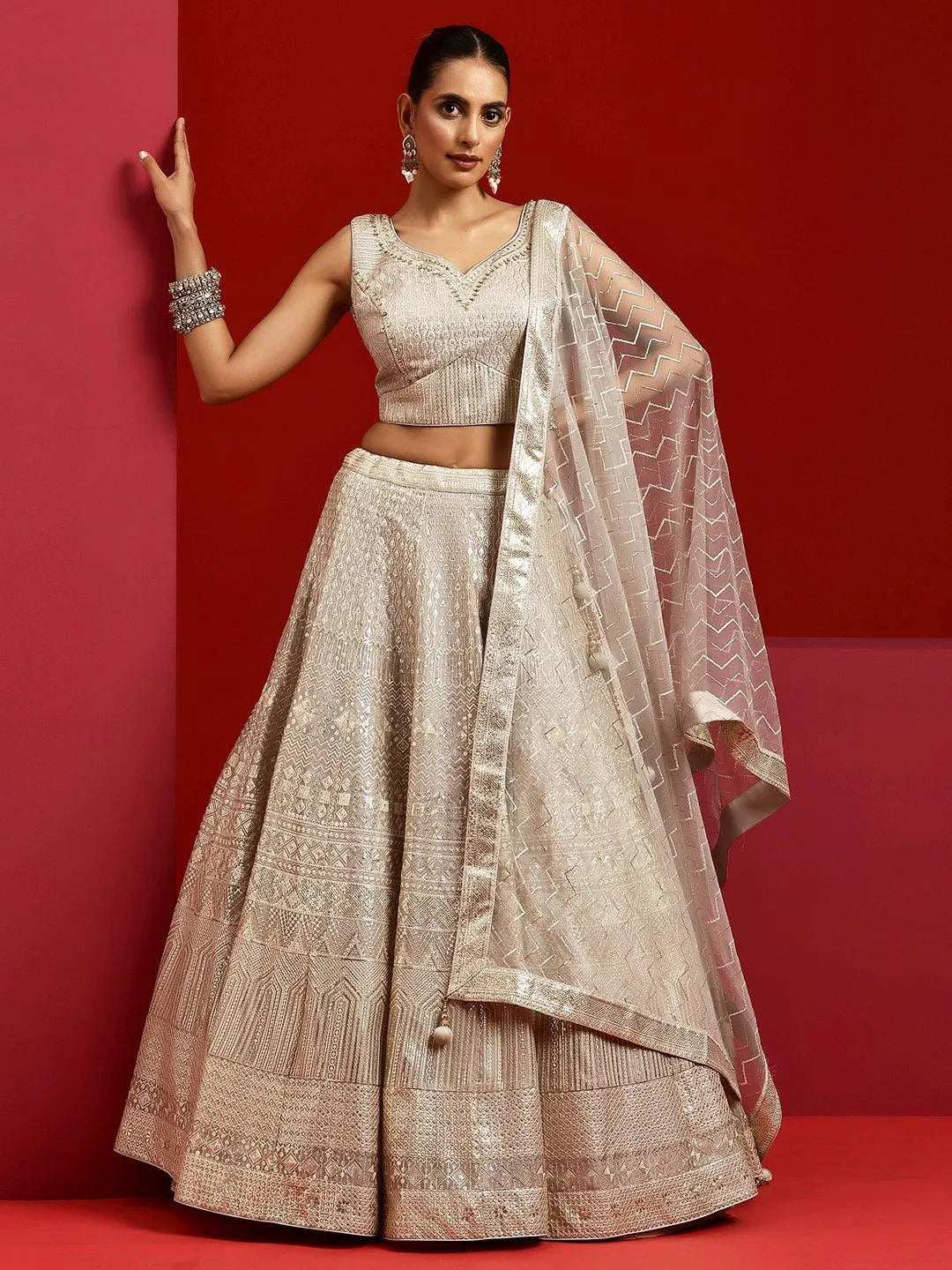 Libas Art Grey Embellished Silk Blend Lehenga Set - Libas 