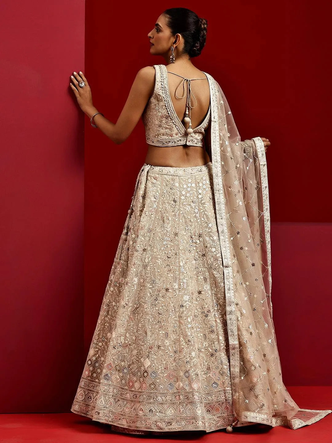 Libas Art Beige Embroidered Silk Blend Lehenga Set - Libas 