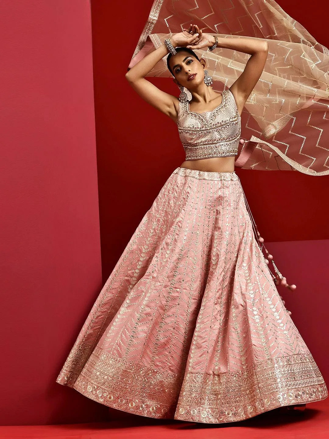Libas Art Pink Embellished Silk Blend Lehenga Set - Libas 
