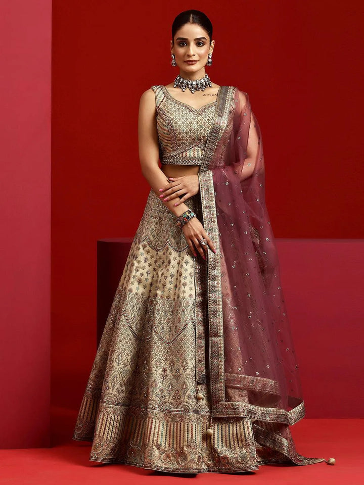 Libas Art Olive Embroidered Silk Blend Lehenga Set - Libas
