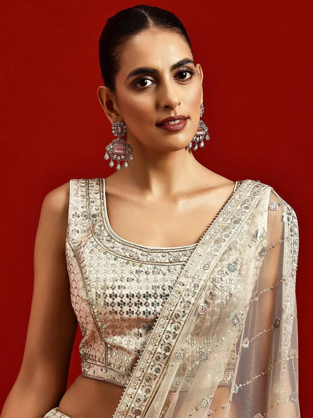 Libas Art Beige Embroidered Silk Blend Lehenga Set - Libas 