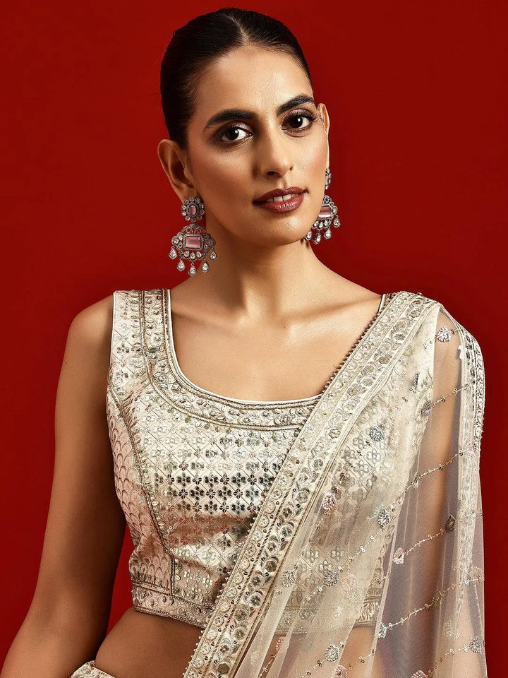 Libas Art Beige Embroidered Silk Blend Lehenga Set - Libas