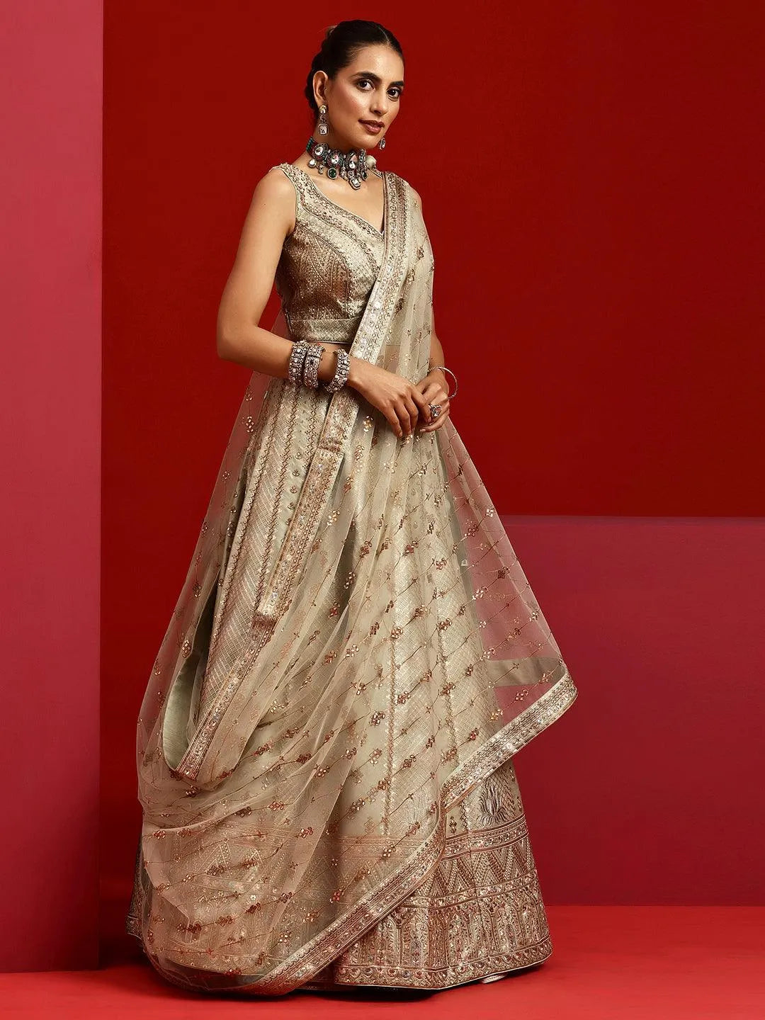 Libas Art Green Embellished Silk Blend Lehenga Set - Libas 