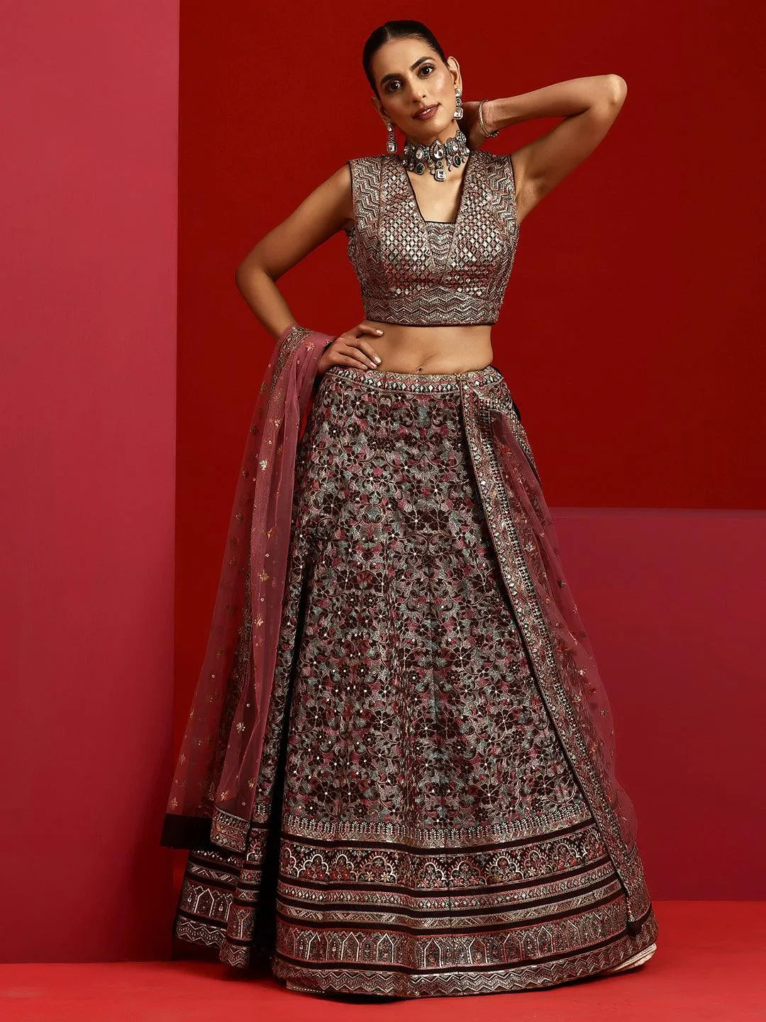 Libas Art Wine Embroidered Silk Blend Lehenga Set - Libas 