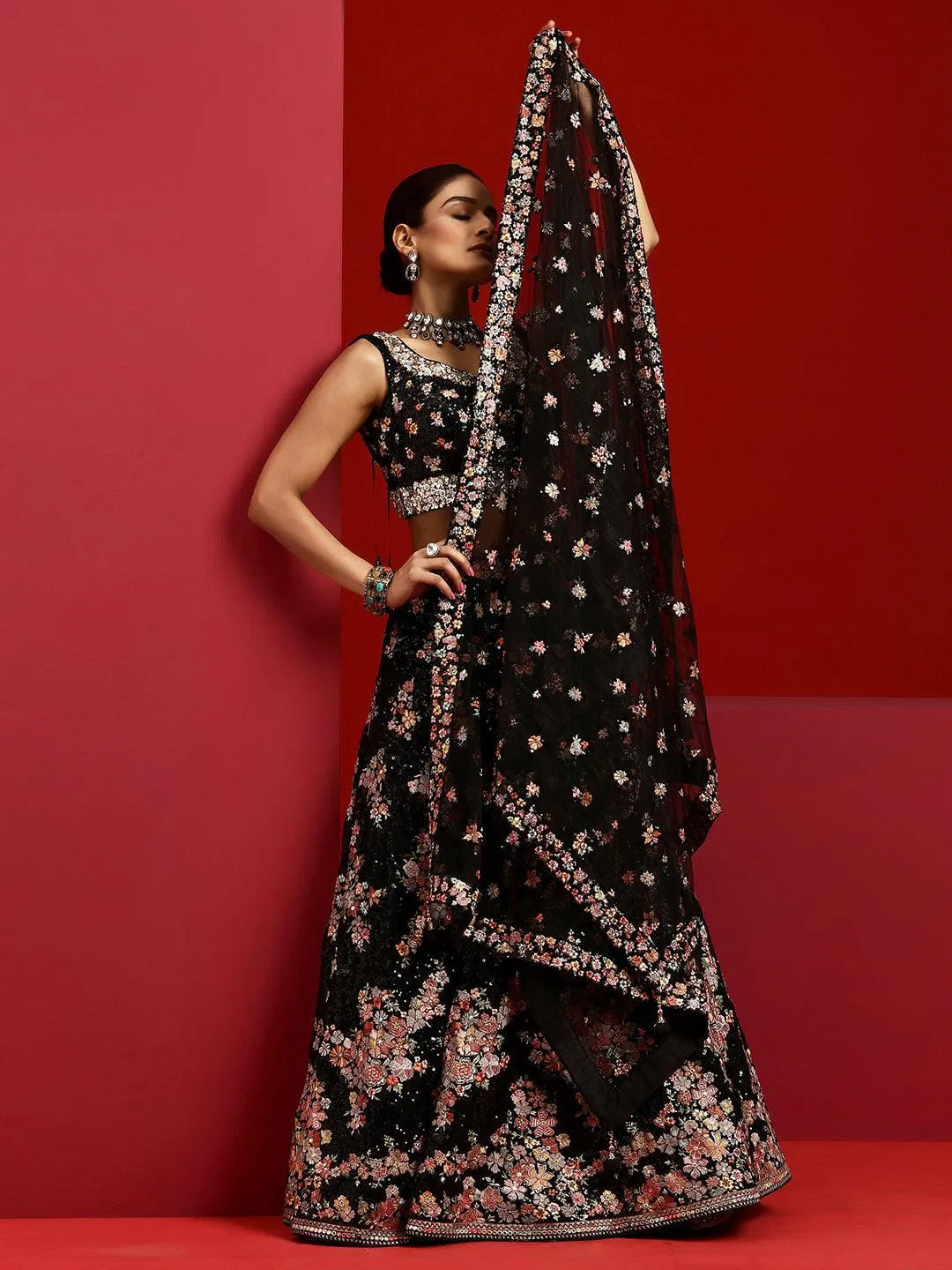 Libas Art Black Embroidered Silk Blend Lehenga Set - Libas 
