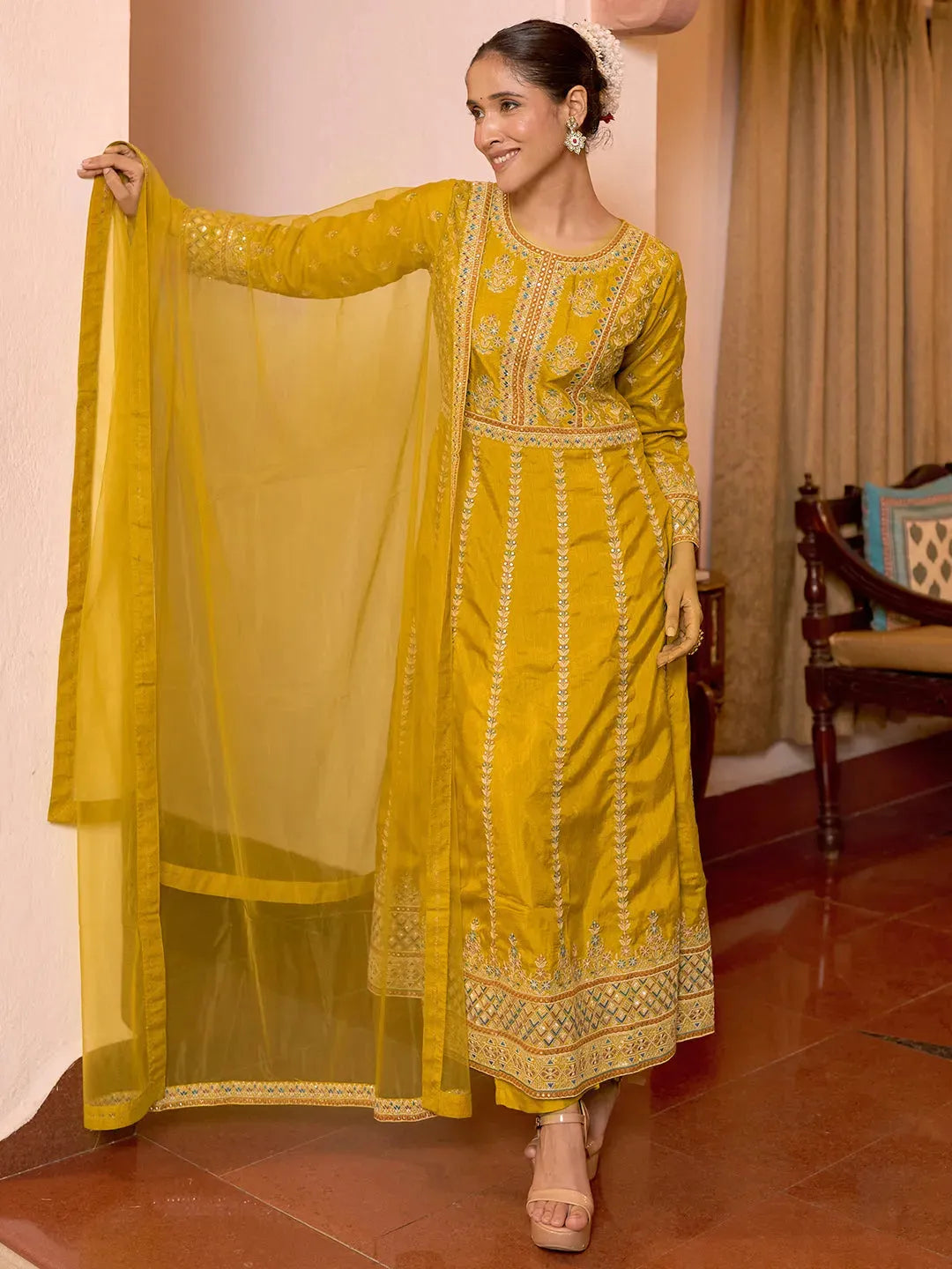  Libas Art Mustard Embroidered Silk Blend A-Line Kurta With Sharara & Dupatta 