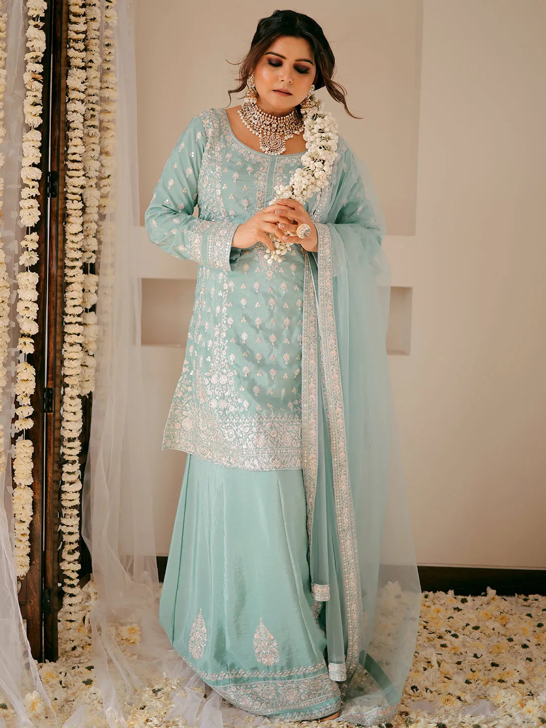  Libas Art Green Embroidered Silk Blend A-Line Kurta With Sharara & Dupatta 