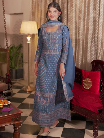 Libas Art Blue Embroidered Silk Blend A-Line Kurta With Trousers & Dupatta
