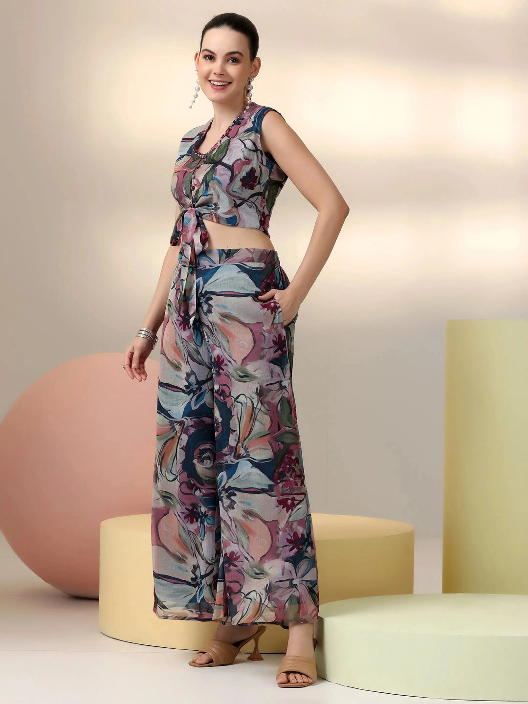 Multi Printed Polyester 3 Piece Co-Ords 