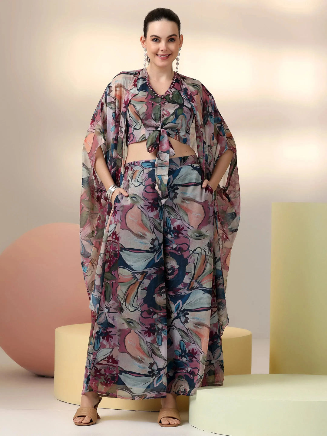  Multi Printed Polyester 3 Piece Co-Ords 