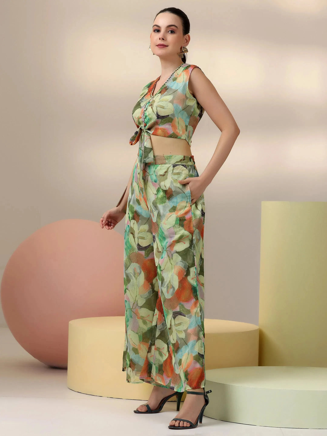  Green Printed Polyester 3 Piece Co-Ords 