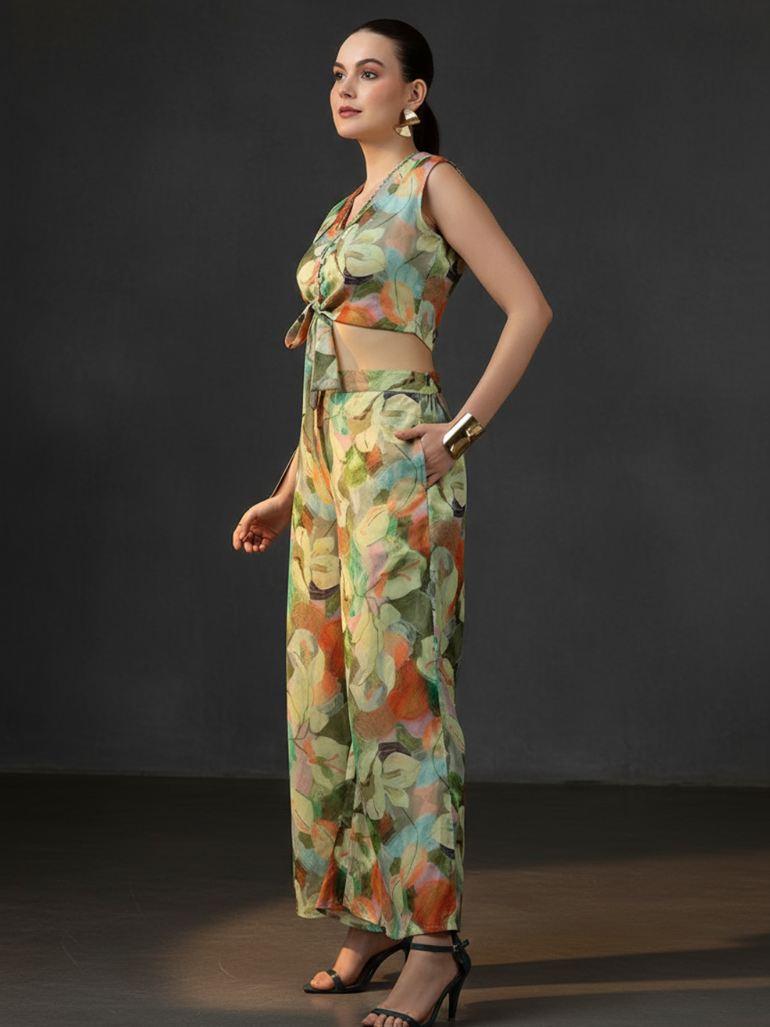  Green Printed Polyester 3 Piece Co-Ords 