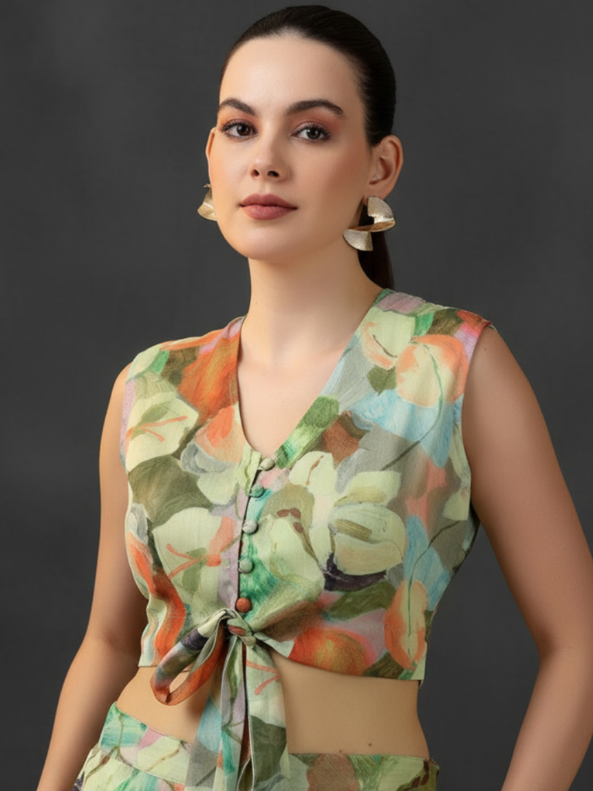  Green Printed Polyester 3 Piece Co-Ords 