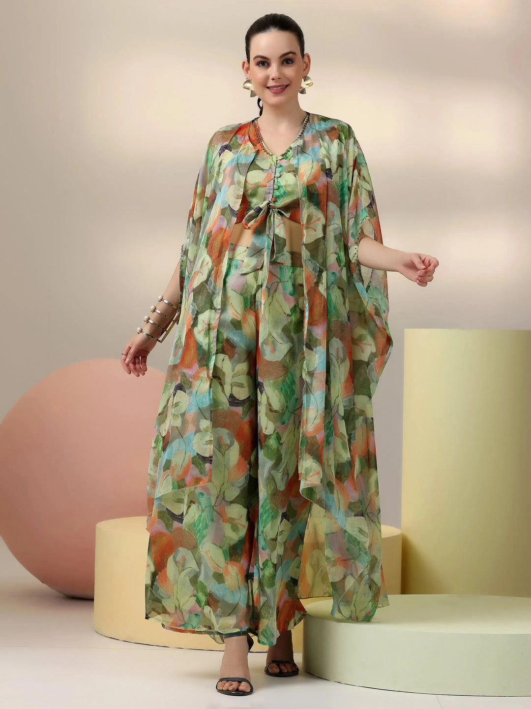  Green Printed Polyester 3 Piece Co-Ords 