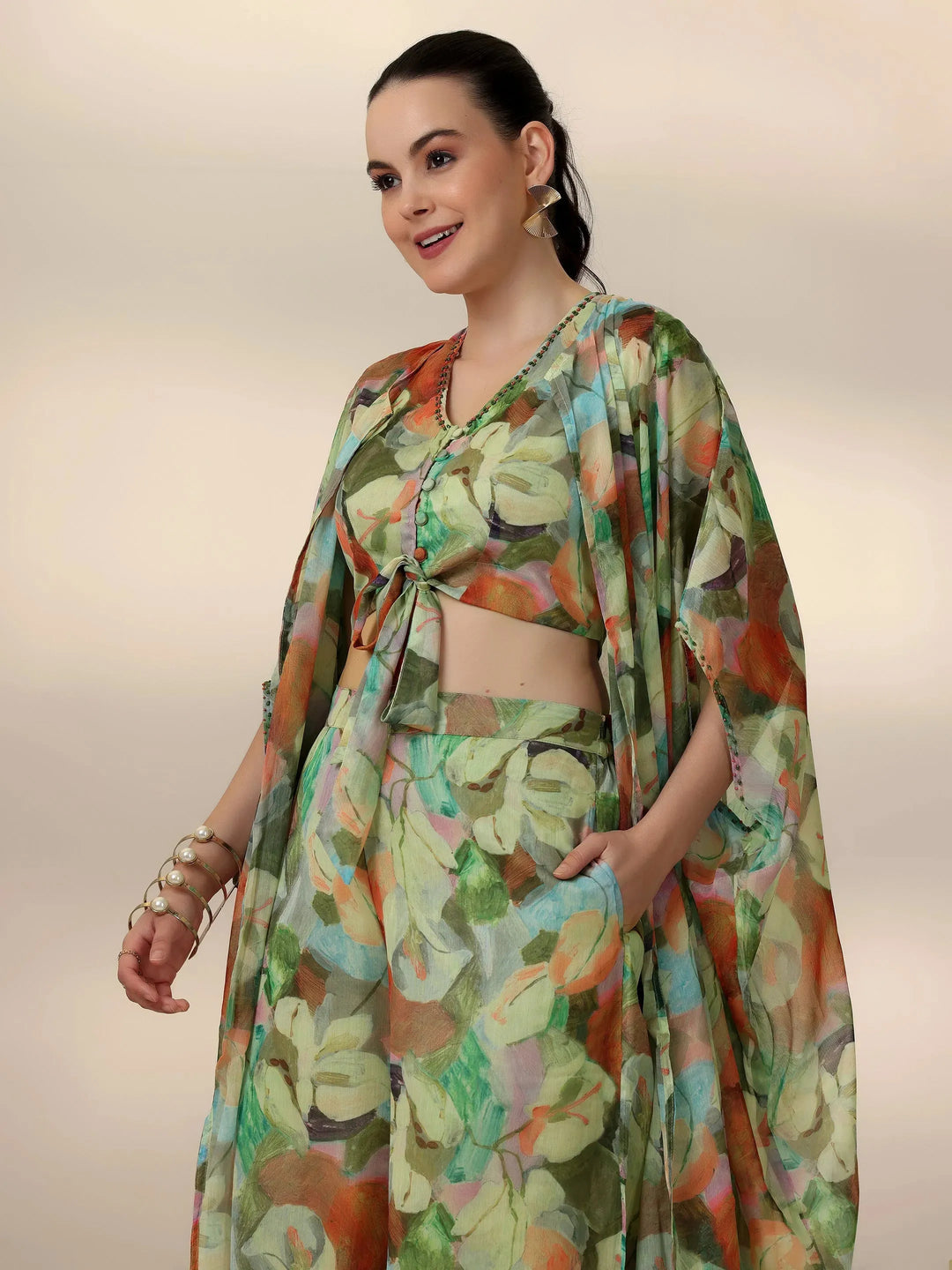  Green Printed Polyester 3 Piece Co-Ords 
