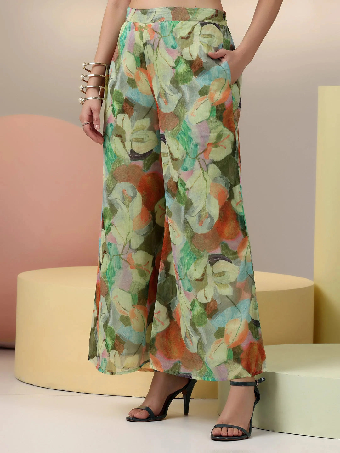  Green Printed Polyester 3 Piece Co-Ords 