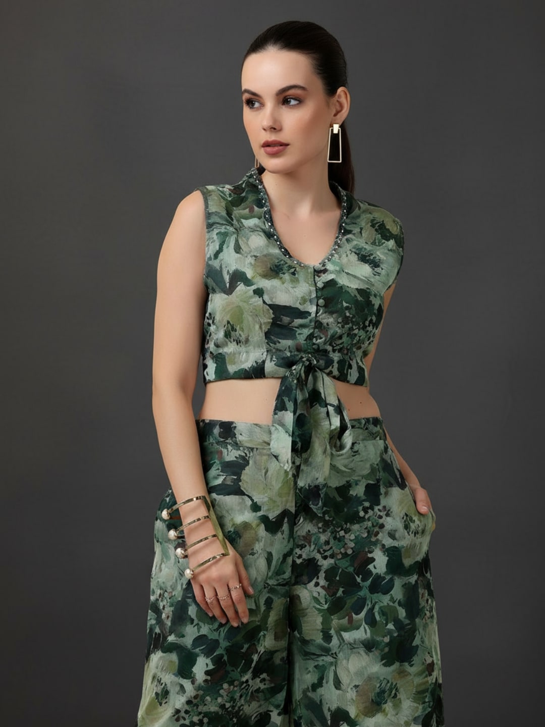  Green Printed Polyester 3 Piece Co-Ords 