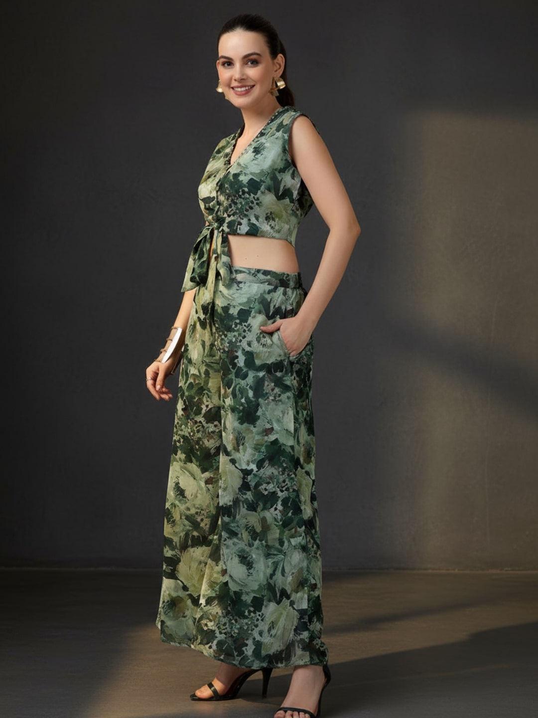  Green Printed Polyester 3 Piece Co-Ords 