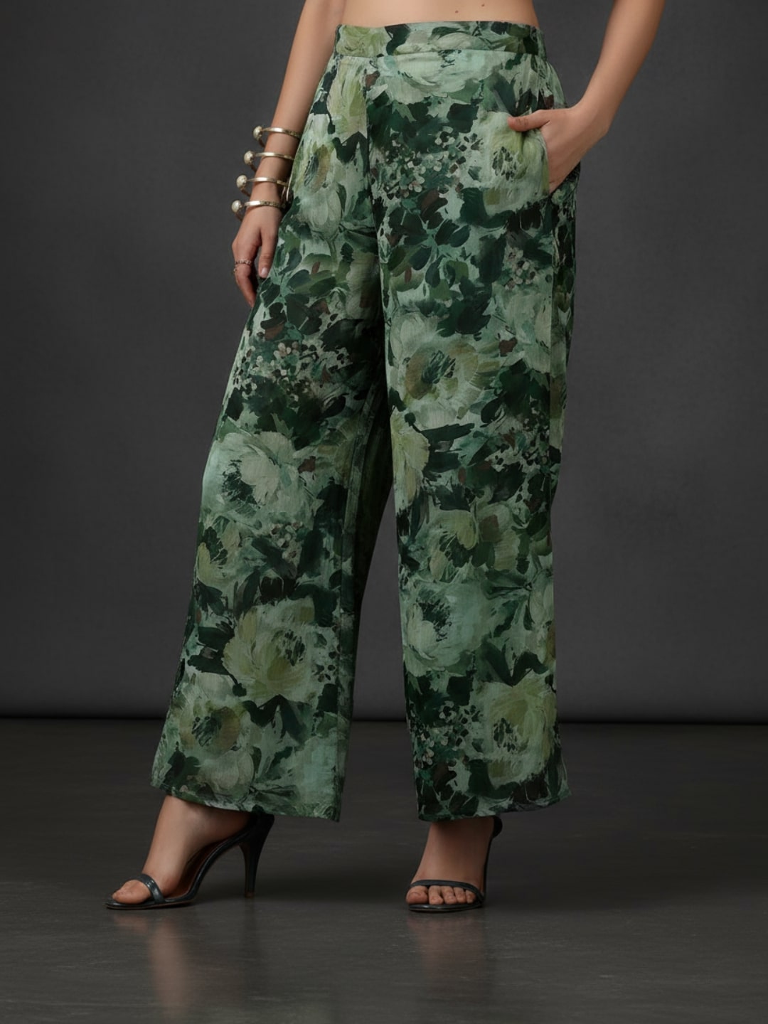  Green Printed Polyester 3 Piece Co-Ords 