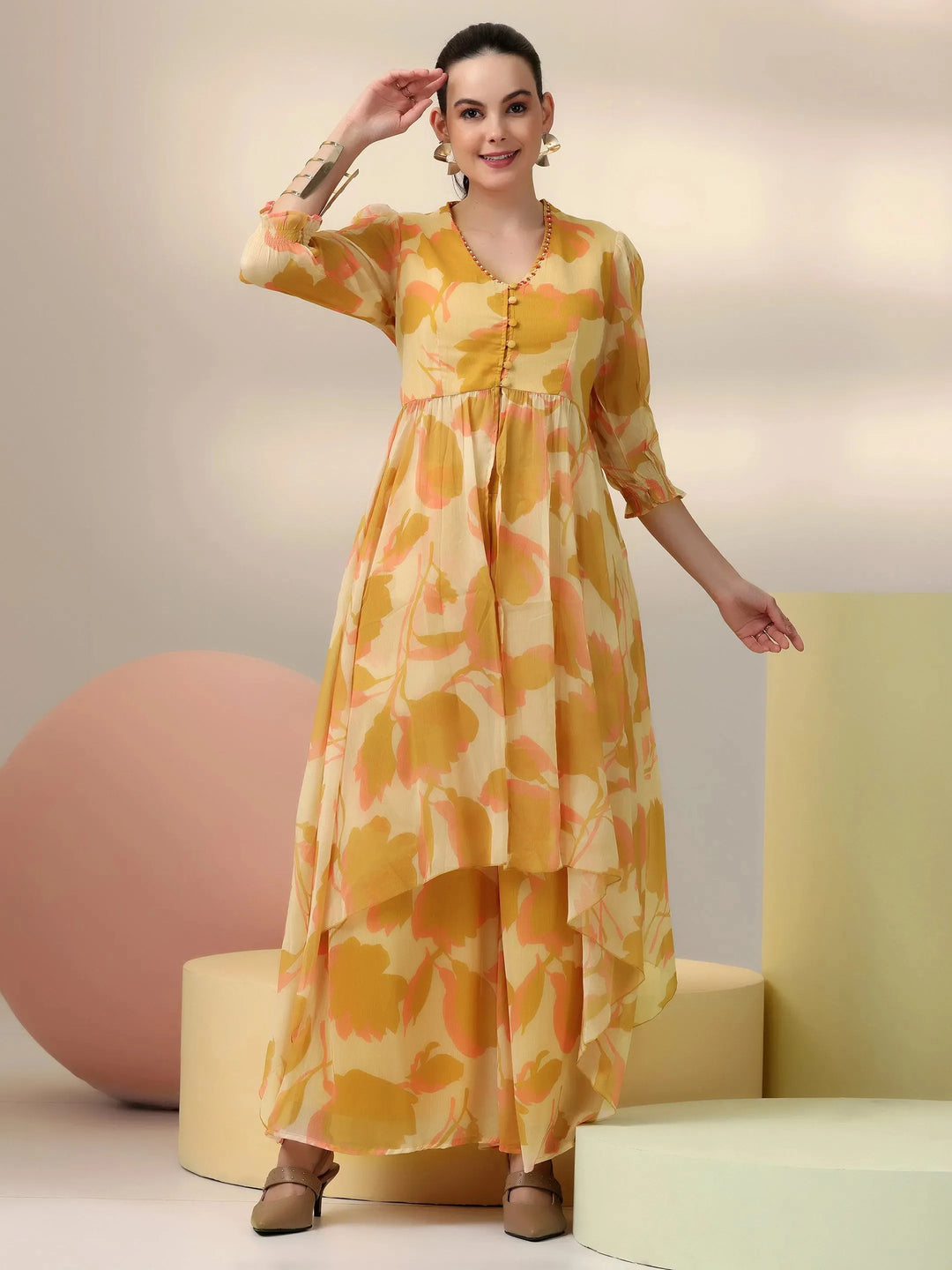  Yellow Printed Polyester Co-Ords 
