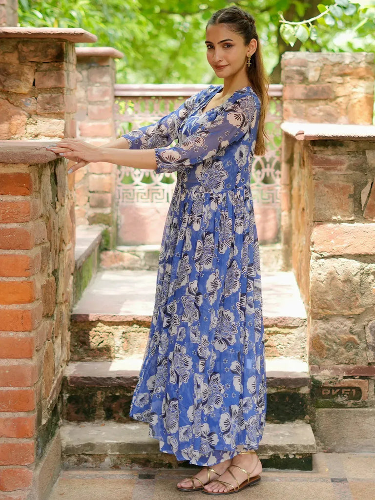 Libas Blue Printed Chiffon 3 Piece Co-Ords