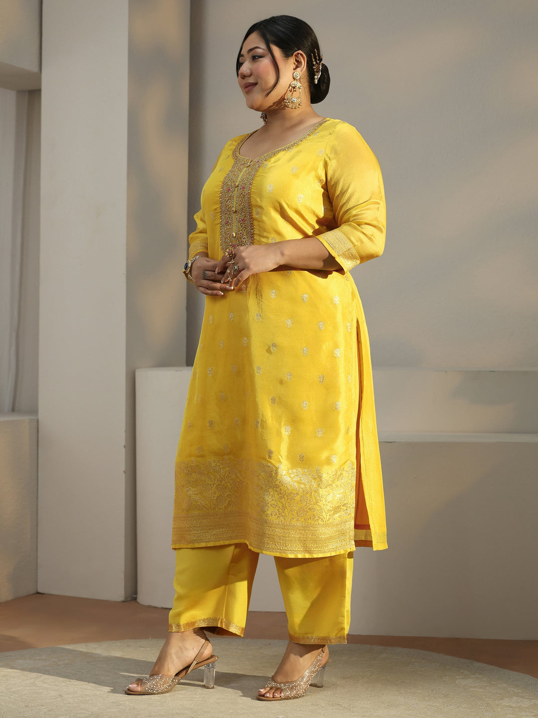  Plus Size Mustard Woven Design Chanderi Silk Straight Suit With Dupatta 