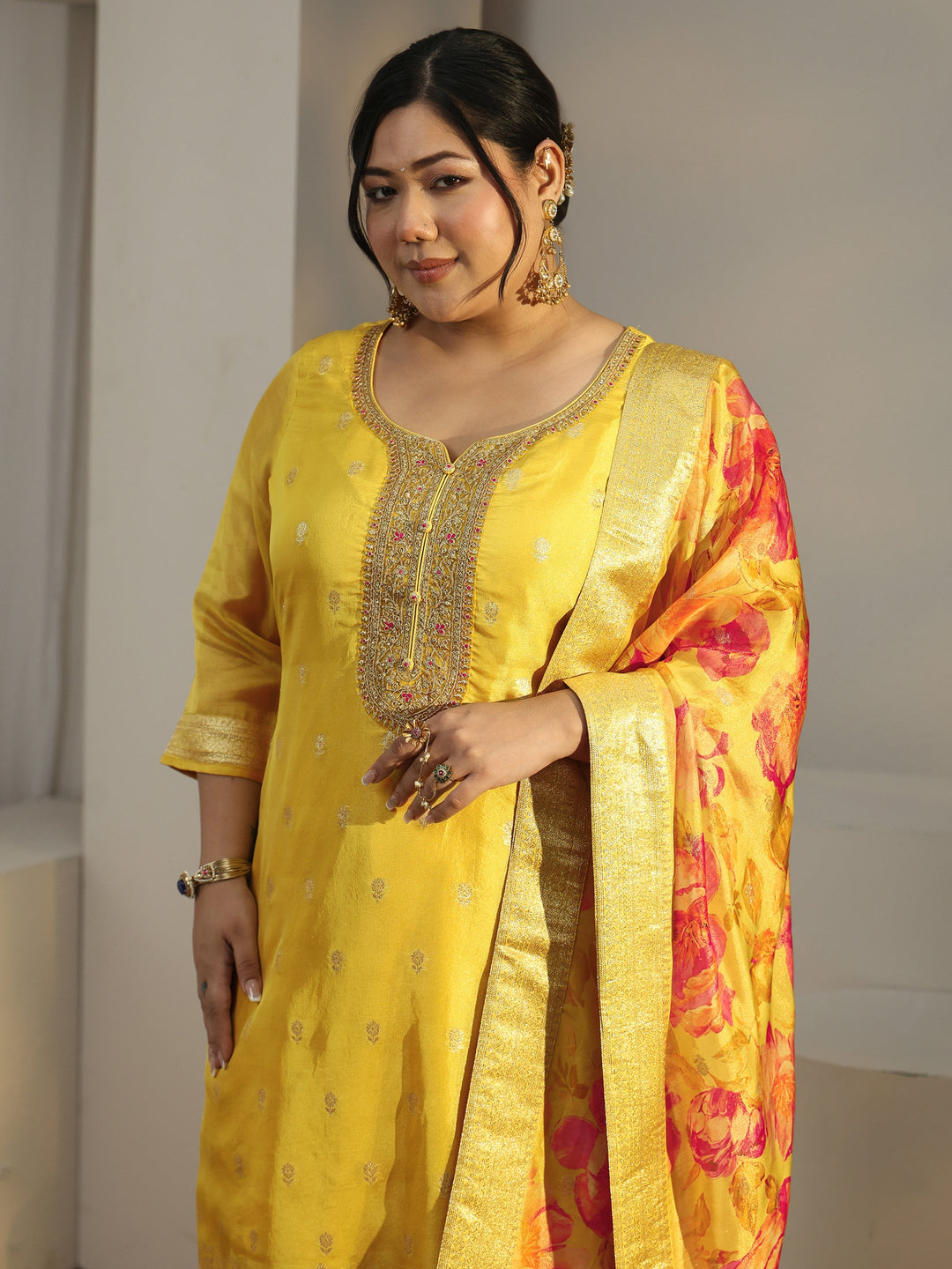  Plus Size Mustard Woven Design Chanderi Silk Straight Suit With Dupatta 