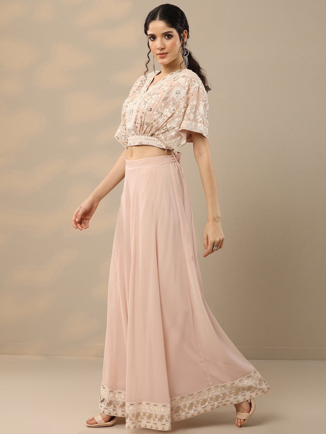  Libas Art Pink Embroidered Georgette 3 Piece Co-Ords 