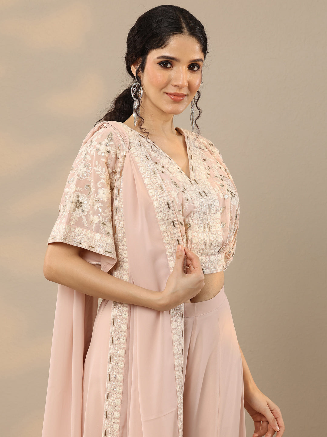  Libas Art Pink Embroidered Georgette 3 Piece Co-Ords 